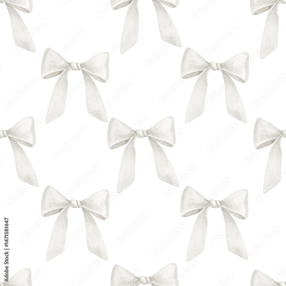 Naklejka premium Seamless watercolor Pattern with white Bows. Illustration of background with tied ribbons in pastel colors for baby stationery, nursery wallpaper or childish textile designs. Backdrop for wrapping.