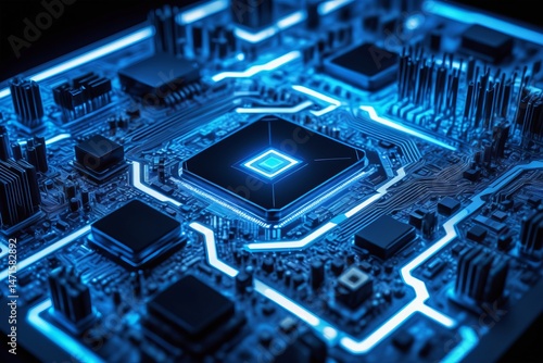 Wallpaper Mural An abstract, detailed view of a printed circuit board bathed in vibrant blue light, highlighting Torontodigital.ca