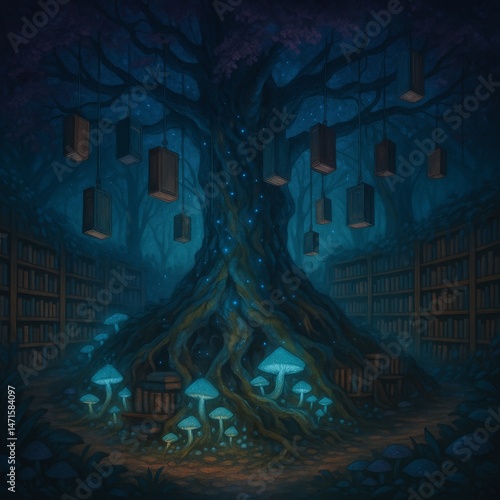 Enchanted Library Tree Amidst Glowing Tomes