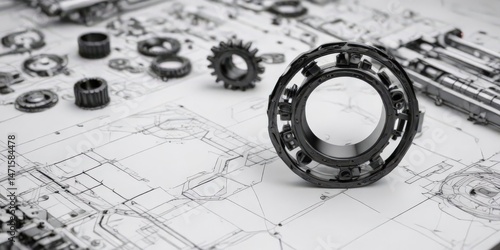 Clean white background, black outlined technical drawings of geometric shapes and mechanical parts , industrial, mechanical