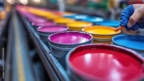 Vibrant paint colors in metal buckets on production line
