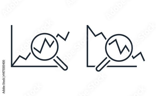 Set of analytical control charts. Arrow movement development, business decline, situation. Vector linear icon isolated on white background.