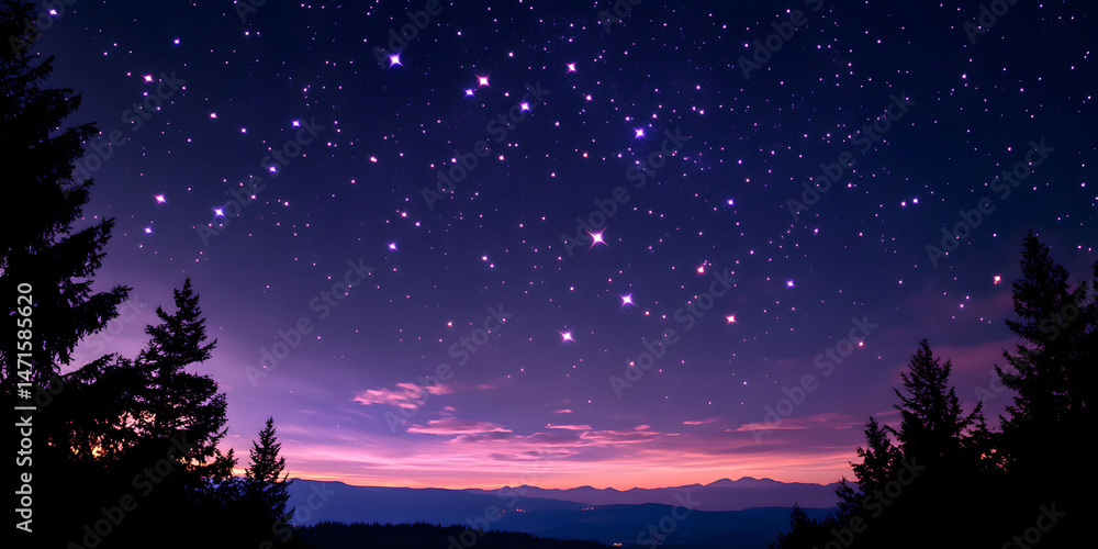 Fototapeta premium Silhouetted Trees Against a Purple and Pink Night Sky with Numerous Stars