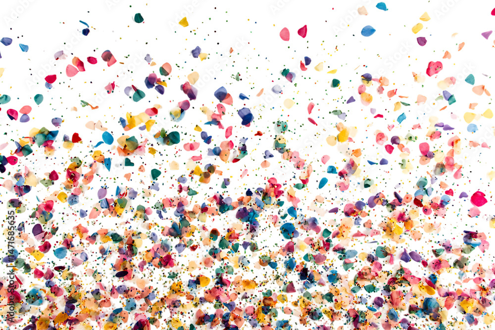 Fototapeta premium Colorful confetti scattered across a white background, symbolizing celebration and joy