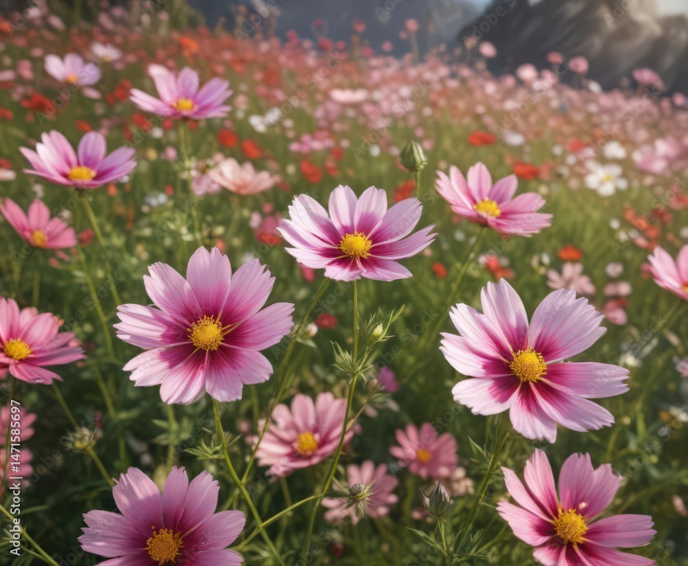 Cosmos flowers in full bloom, sunlight illuminating petals , petals, cosmos Cosmos flowers in full bloom, sunlight illuminating petals , petals, cosmos