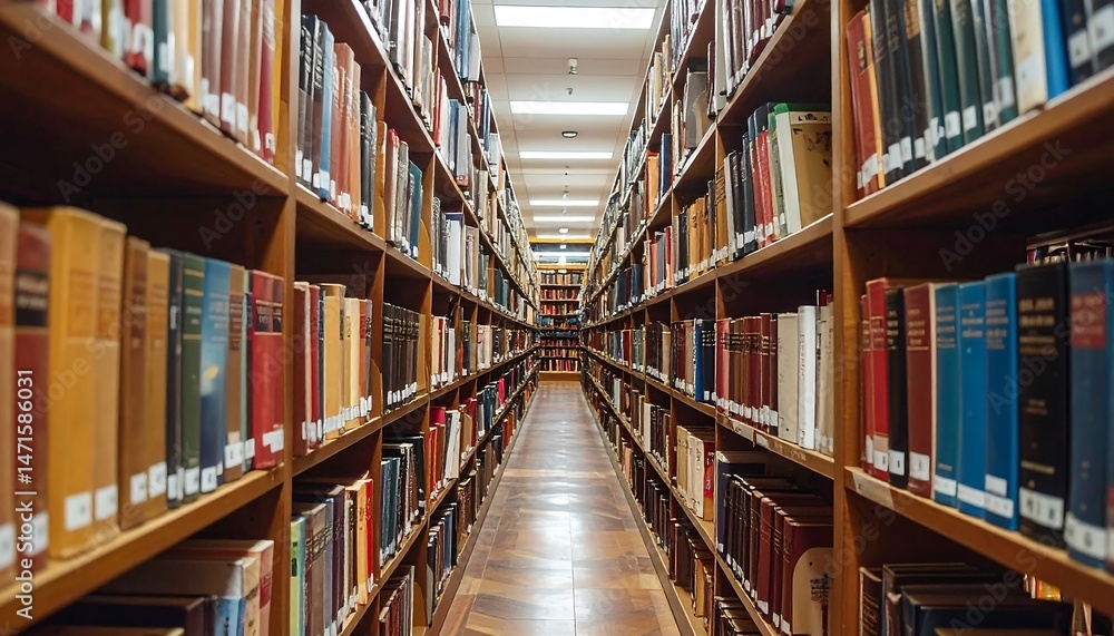 Fototapeta premium Long Aisle of Bookshelves in a Library