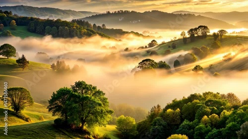 Golden Sunrise Over Misty Rolling Hills and Lush Green Trees