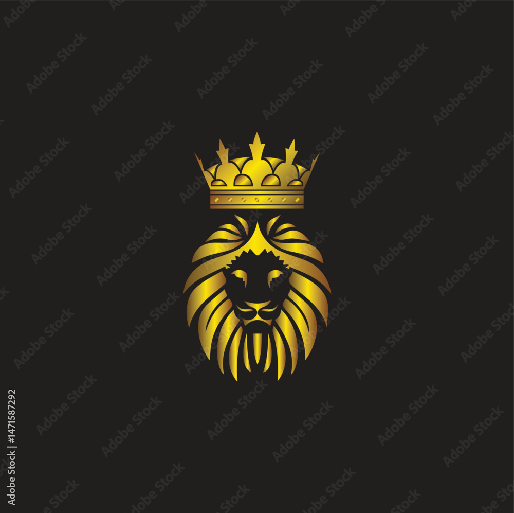 Obraz premium Golden Lion with Crown, The lion king with a golden crown on his head as a symbol of power and luxury.