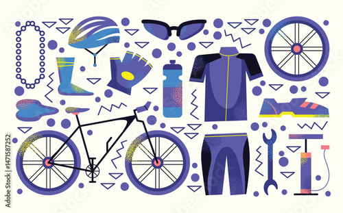Set of cycling gear and accessories road bike, helmet, gloves, sunglasses, bottle, jersey, shorts, shoes, chain, saddle, wheels, socks. Flat vector illustration Cycling sport outdoor activity concept