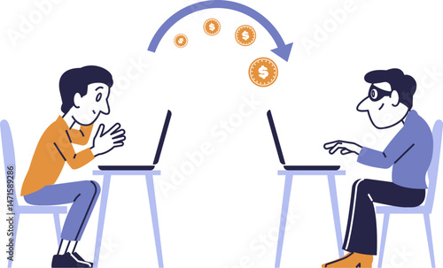 Vector flat illustration depicting a fraudulent online transaction between two users.