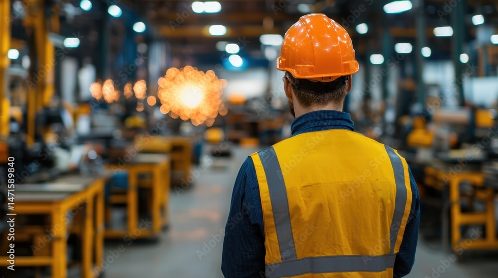 Fireworks Manufacturing Concept, Panoramic View of Firework Production Workshop with Worker in Safety Gear and Bokeh Background Effects Fireworks Manufacturing Concept, Panoramic View of Firework Production Workshop with Worker in Safety Gear and Bokeh Background Effects