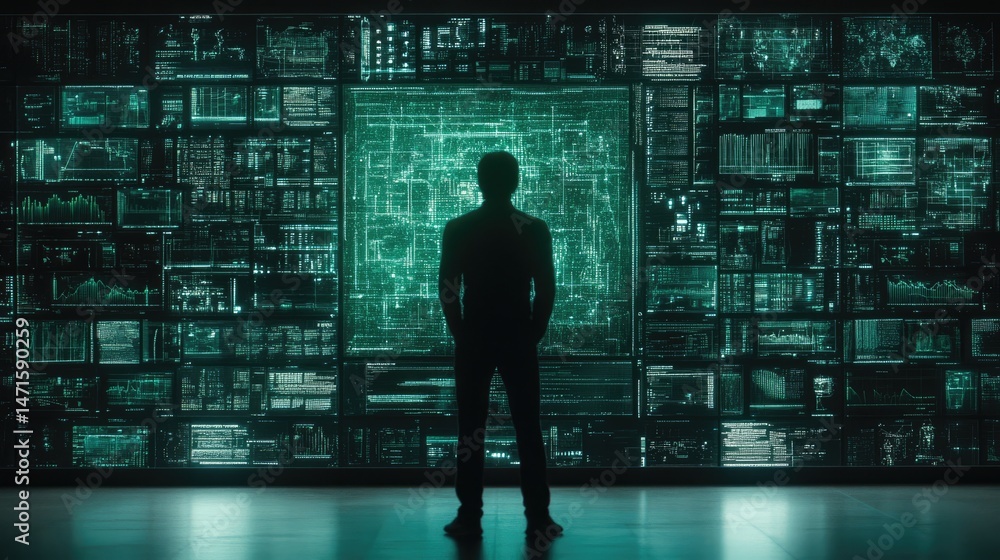 Silhouetted figure observing a vast, glowing data wall displaying complex information Silhouetted figure observing a vast, glowing data wall displaying complex information
