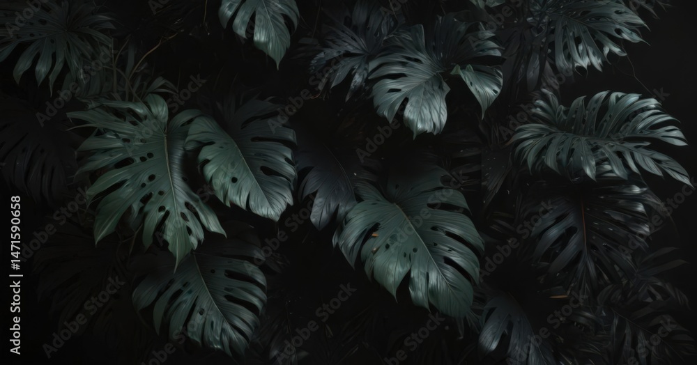 Dark, lush tropical leaves intertwine on a black backdrop, casting deep shadows , wallpaper, dark green, illustration Dark, lush tropical leaves intertwine on a black backdrop, casting deep shadows , wallpaper, dark green, illustration