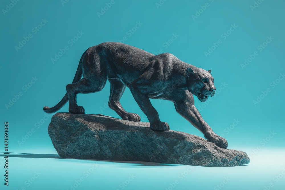 Fototapeta premium Dark panther statue positioned on a rock formation.
