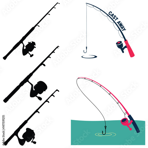Vector illustration of fishing rods in different styles perfect for outdoor activities and hobbies