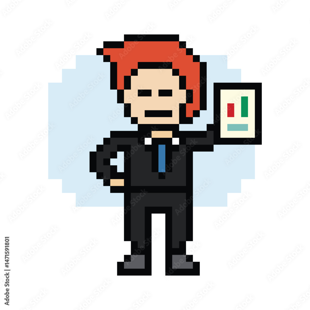 Obraz premium Cartoon cute pixel cartoon 8bit character business man businessman smart work game decoration business 8 bit male career smart character game 8bit png vector.