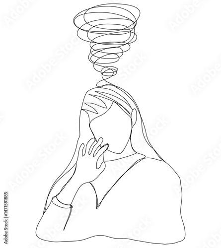 Sketch problem concept minimal woman emotion stress headache drawing line art. Female unhappy depress hand drawn continuous line concept with white ioslated background. Abstract,vector,illustration.
