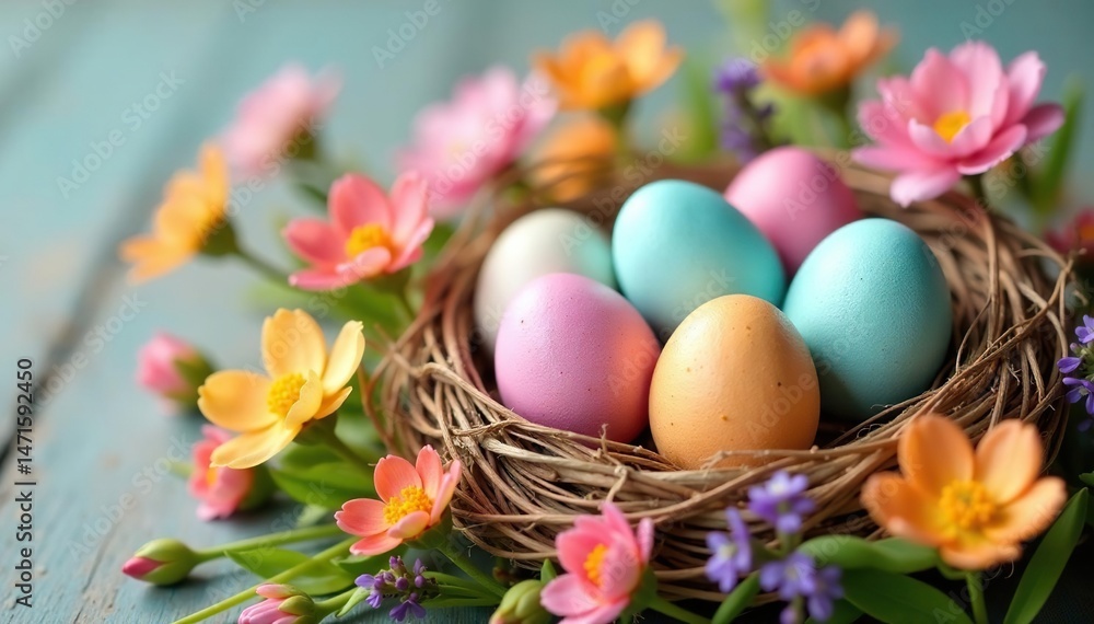 Vibrant pastel eggs nestled in a spring flower arrangement , colorful, pastel, holiday Vibrant pastel eggs nestled in a spring flower arrangement , colorful, pastel, holiday