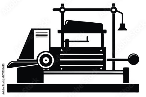 This black industrial loom machine stands with a precise, solid, stable, symmetrical structure