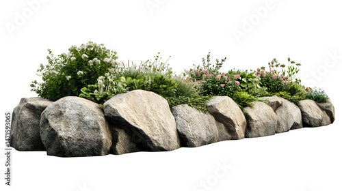 Natural stone boulder low retaining wall section, irregular shapes fitted together, defining raised bed, photorealistic image, isolated on transparent  background