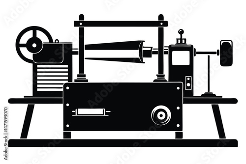 Black vintage machine demonstrates a detailed industrial printing process with distinct equipment and construction