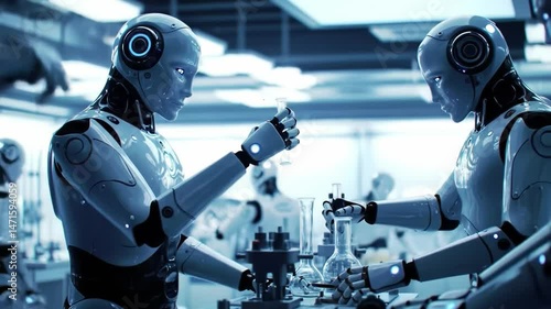 Two robotic figures engage in scientific experiments, carefully holding test tubes in a futuristic lab filled with advanced technology and equipment. Their movements are precise and deliberate.