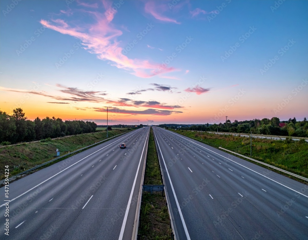Fototapeta premium Serene Sunset Over Empty Highway with Colorful Sky and Green Nature