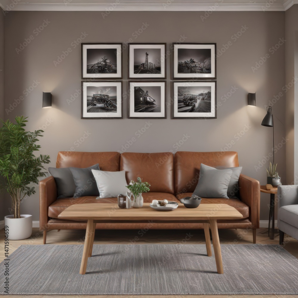 Fototapeta premium Elegant brown leather sofa, oak dining table, framed monochrome prints accent a grey wall Modern home interior , wood, monochrome prints
