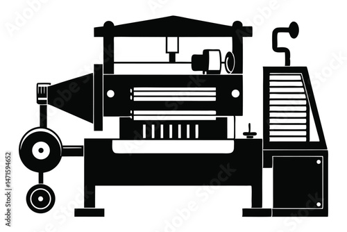 A simplified black and white industrial machine shows detailed parts and mechanical components