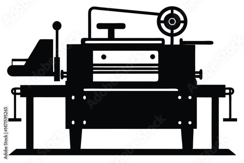 In stark silhouette, a vintage printing press occupies center stage with industrial charm