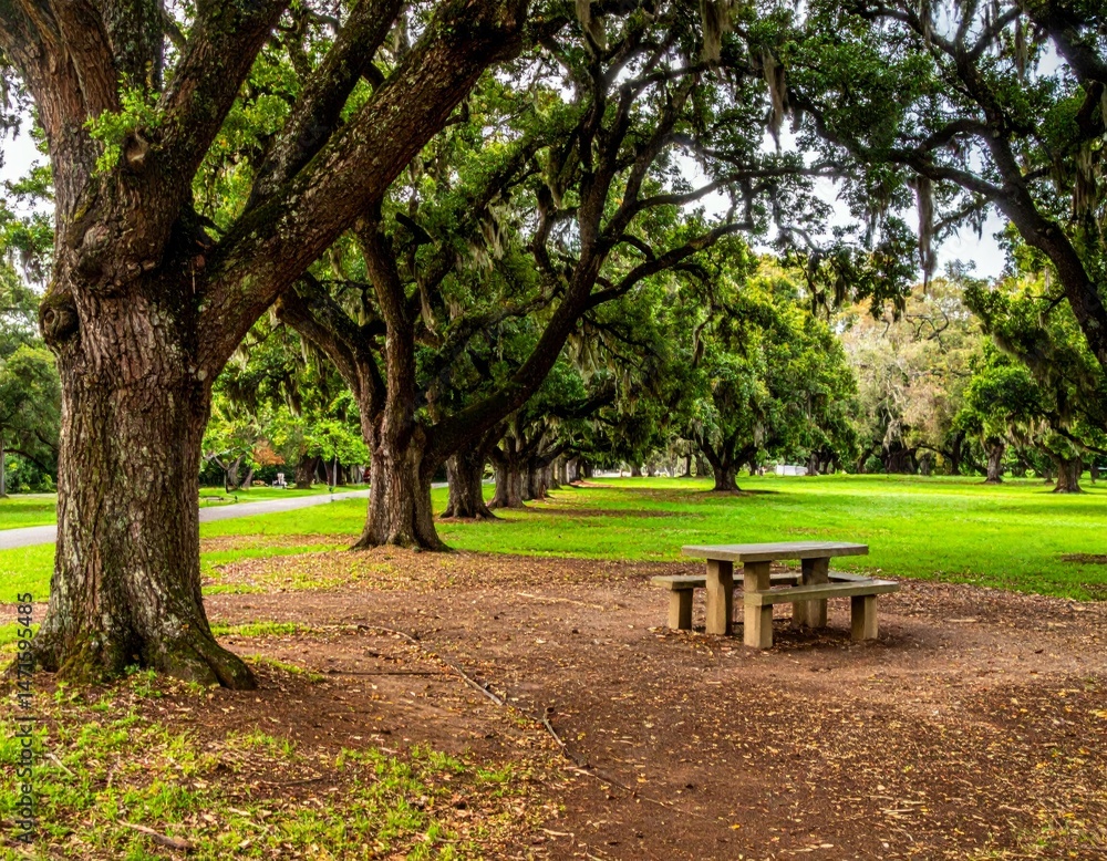 Tranquil Park Scene with Trees and Picnic Table Surrounded by Nature Tranquil Park Scene with Trees and Picnic Table Surrounded by Nature