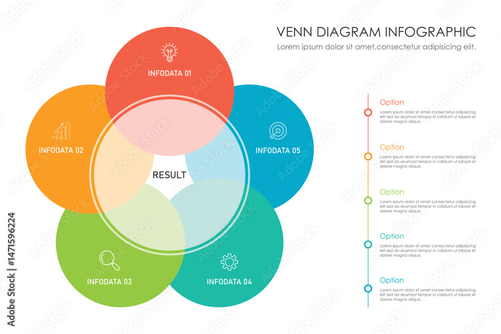 Venn diagram infographic chart template for business 3, 4, 6 parts, options, presentation with venn diagram elements vector illustration.