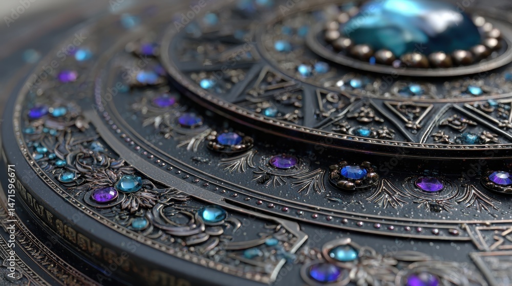 Fototapeta premium Intricate Dark Metal Circular Ornament with Blue and Purple Gemstones