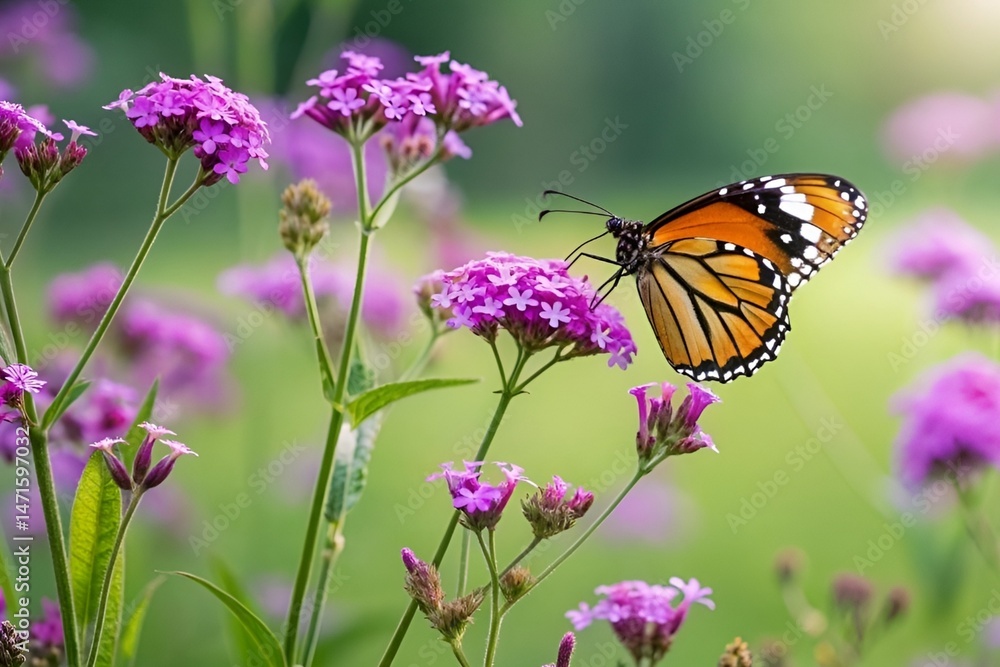 Naklejka premium Butterfly on Purple Flowers – Vibrant Garden Macro Nature Photography