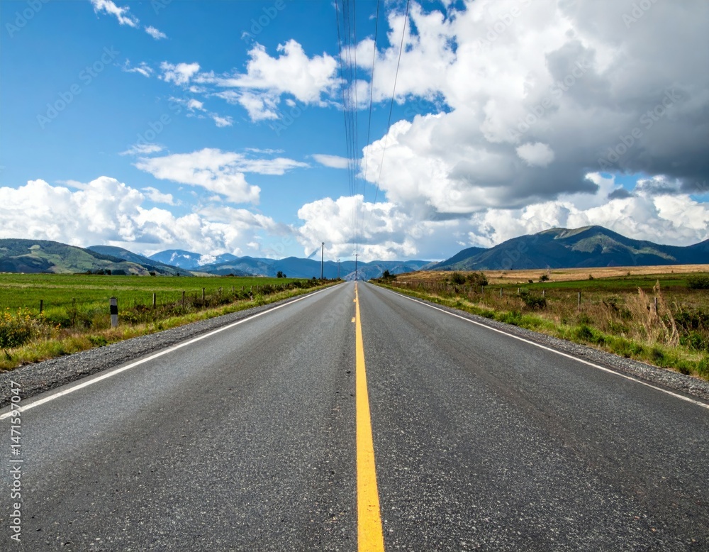 Fototapeta premium Wide Open Road Under Blue Sky with Clouds and Mountains in Distance