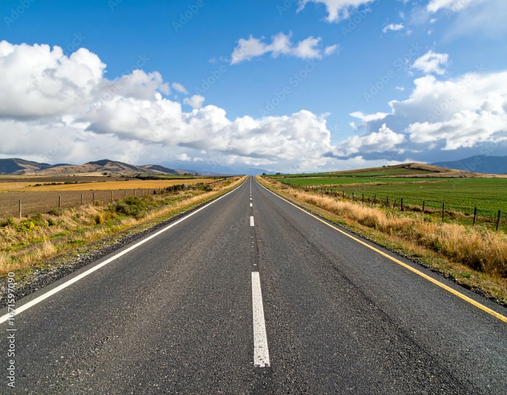 Fototapeta premium Endless Straight Road Under Blue Sky with Fluffy White Clouds