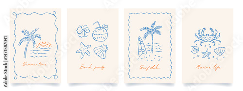 Set of trendy summer poster in sketch style. Vintage prints with hand drawn palm tree, sun, sea, crab, wave, seashells. Vacation and beach concept. Trendy design for cards, wall art, branding.	