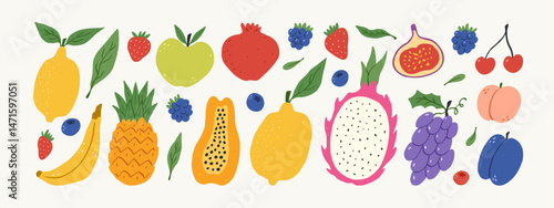 Hand drawn colorful fruits and berries. Abstract funny doodle style. Natural tropical fruits. Lemon, cherry, apple, peach, banana, strawberry, pineapple, fig, dragon fruit. Vector illustration.