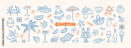 Mediterranean summer vacation illustration set in sketch style. Italian holiday elements. Hand drawn lemons, seafood, lobster, shell, cocktail. Coastal collection for card, prints, wedding invitation.