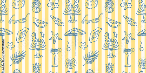 Italian summer vacation doodle seamless pattern. Mediterranean simple print. Hand drawn umbrella, flower, lobster shell, starfish, cocktail. Beach holiday background. Vector illustration.