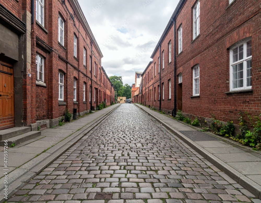 Fototapeta premium Charming Cobblestone Street with Historic Red Brick Buildings