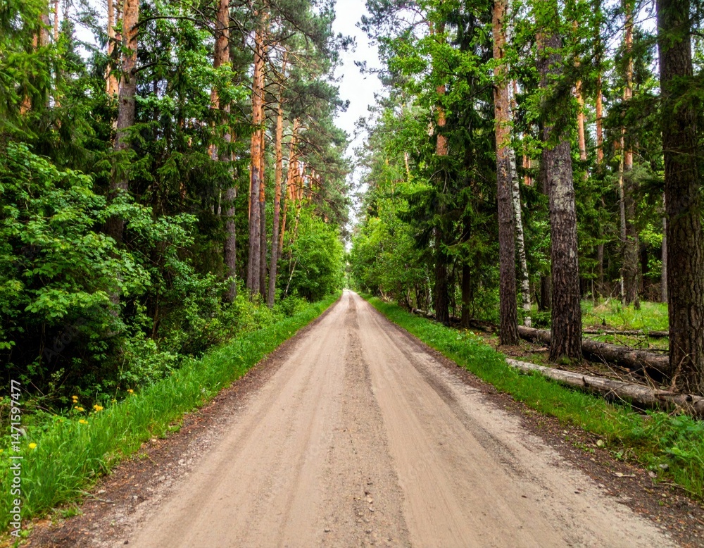 Fototapeta premium Serene Gravel Pathway Through Lush Green Forest Landscape Scenery