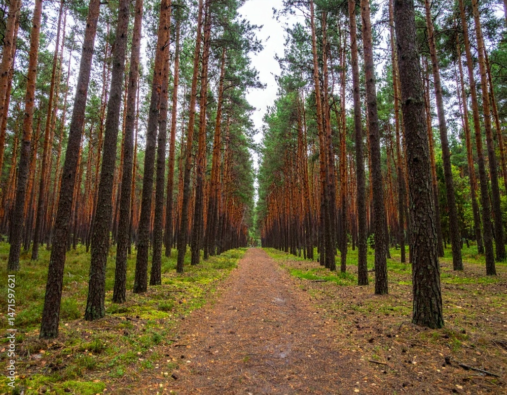 Fototapeta premium Serene Forest Path Surrounded by Tall Pine Trees and Greenery