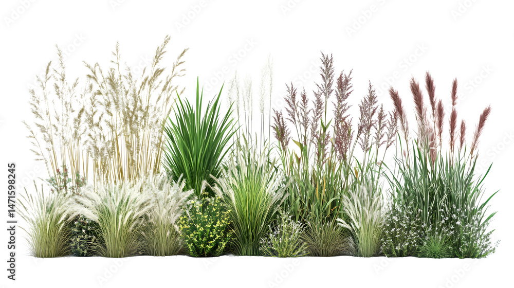 Fototapeta premium Row of tall ornamental grasses acting as soft garden divider, realistic depiction, isolated on transparent background