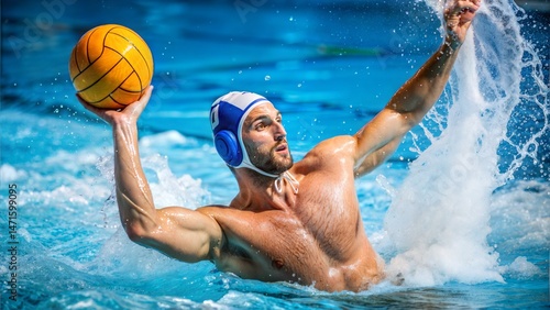 young man swimming in the pool water polo