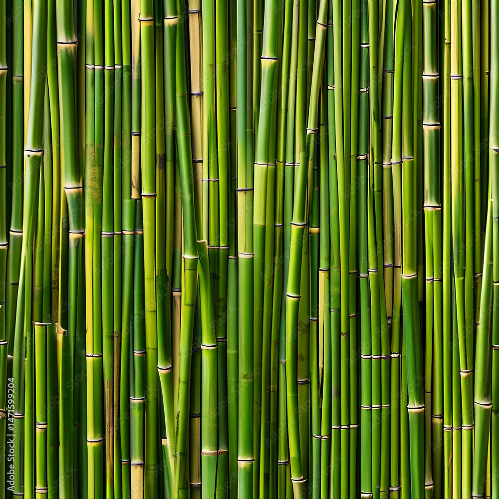 Obraz premium A close up of green bamboo stalks. Concept of calm and tranquility, as the bamboo's natural beauty and simplicity are highlighted. The repetition of the bamboo stalks creates a sense of harmony
