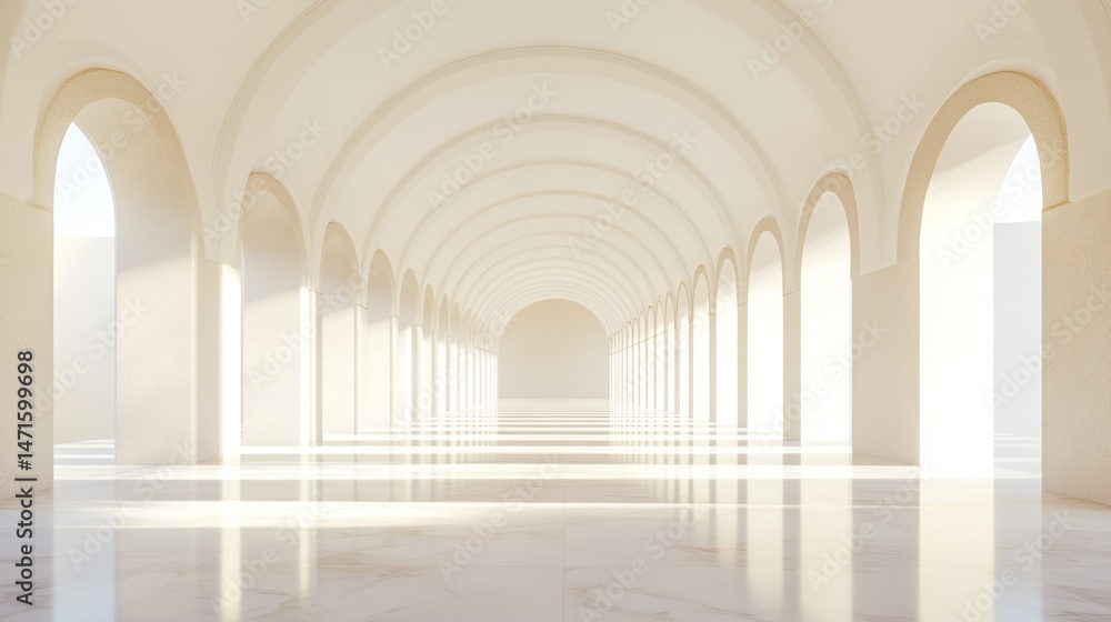 A sunlit, arched colonnade interior design. A sunlit, arched colonnade interior design.