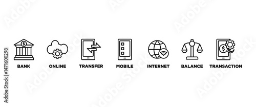 Online banking banner web icon vector illustration concept with icon of account, online payment, transfer funds, mobile banking, internet banking, balance check, transaction report, global transfer