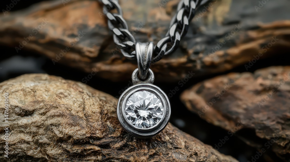 Fototapeta premium A silver chain necklace with a round diamond pendant rests on textured rocks.