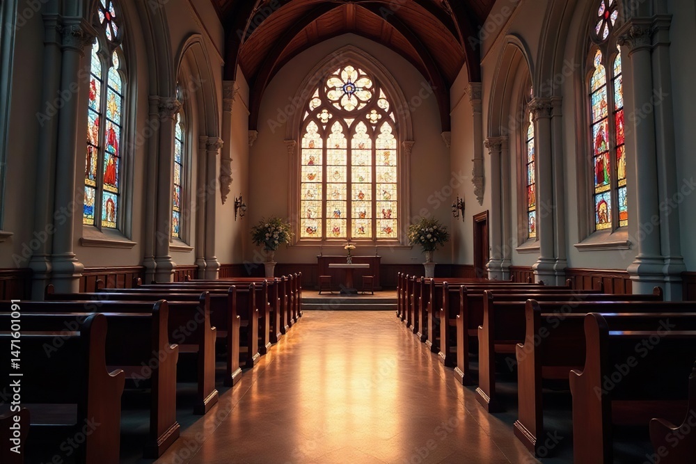 Fototapeta premium Serene church interior, stained glass illuminating quiet prayer space , beautiful, design, sanctuary